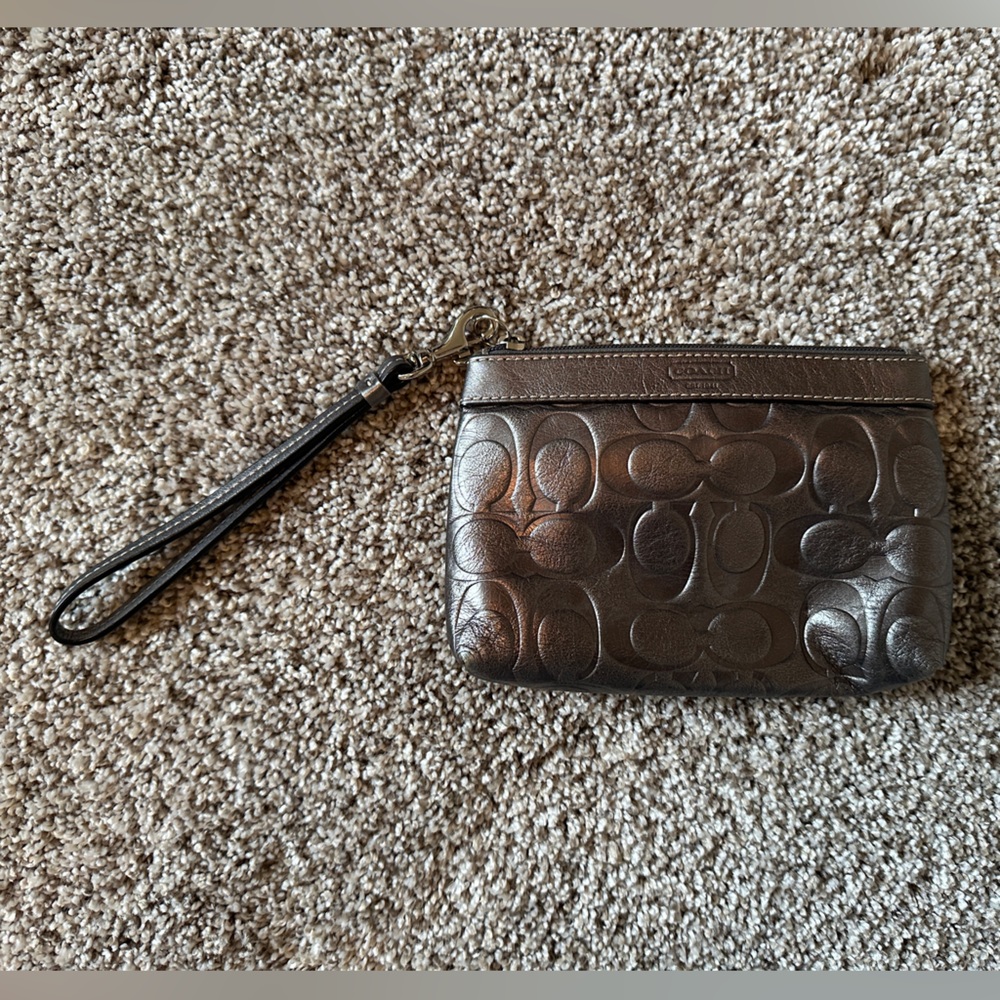 Coach Embossed Signature Leather Wristlet | Silver Zip Pouch